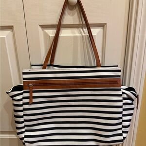DSW Black & White Striped Tote with Brown Handles